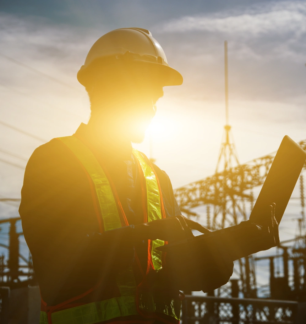Engineer reviewing a CPM schedule on a laptop at an industrial project site