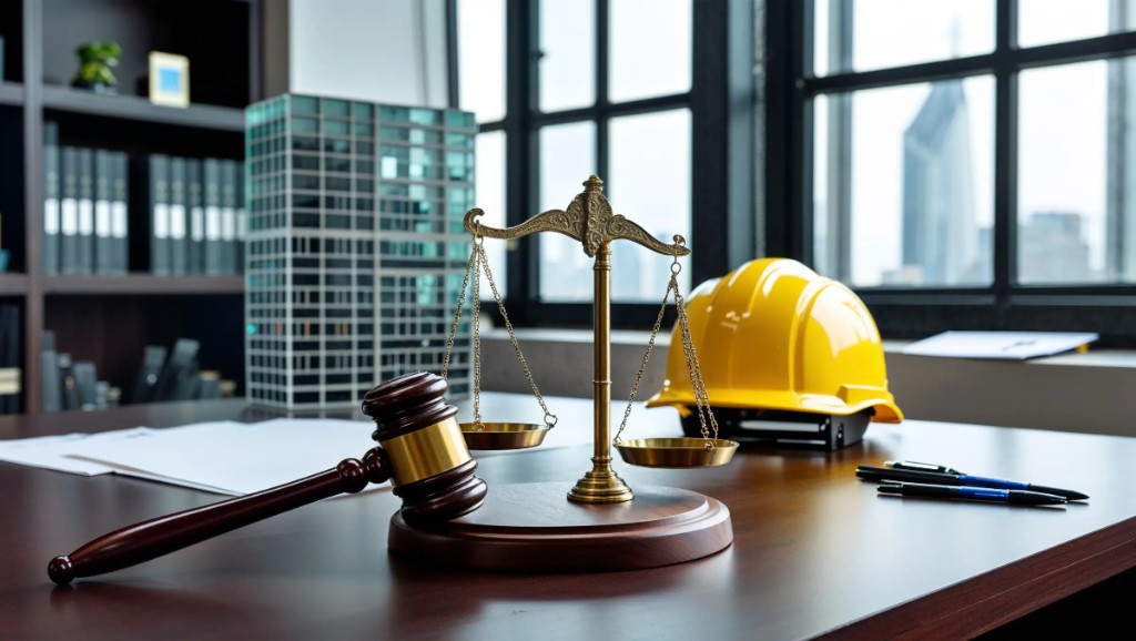 Scales of justice, gavel, and hard hat on a desk overlooking a city skyline