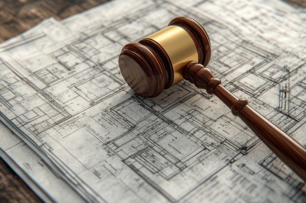 Gavel resting on architectural blueprints